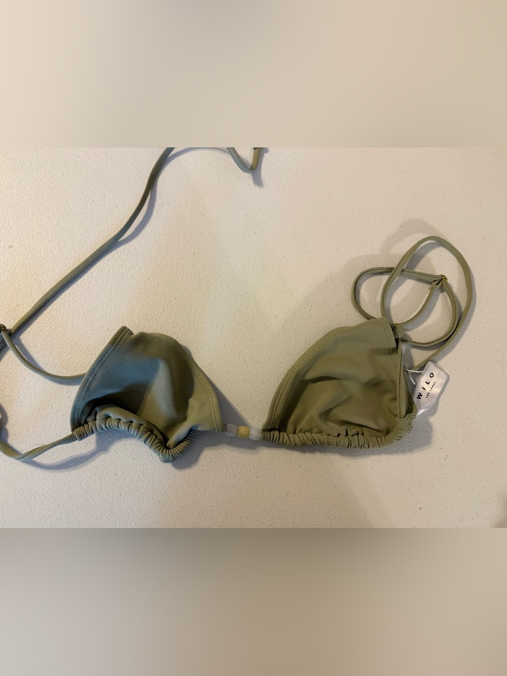 Wilo The Label Olive Green Small Ribbed Triangle Bikini Top Central Bead detail